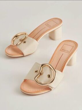 Dolce Vita Cream Leather Block-Heel Slide Sandals with Gold Buckle size 7 NIB